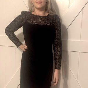 Dark navy dress, knee length, long sleeve lace top